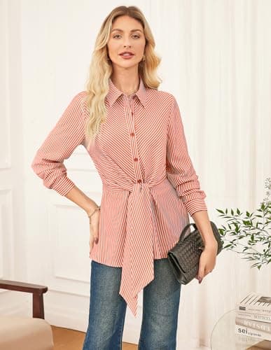 GRACE KARIN Peplum Tops for Women Tie Front Striped Button Down Shirt Collared Long Sleeve Business Casual Work Office Blouse Orange - Thumbnail 3