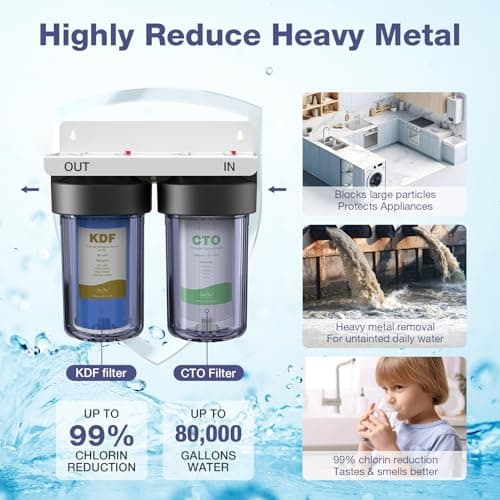 SimPure Whole House Water Filter System, 2 Stages Clear Home Water Pre-Filtration with Carbon and KDF Filters, Reduce Iron, Chlorine, Manganese, Heavy Metals, 1" NPT Brass Port(DB10C-2KDF) - Thumbnail 2