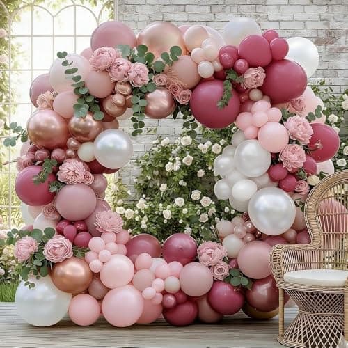 Dusty Rose Balloon Garland Double Stuffed Dusty Pink Mauve Pearl White Balloons Light Pink Cream Boho Balloon Arch Kit for Mother's Day Birthday Baby Shower Bridal Engagement Party Decorations - Image 1