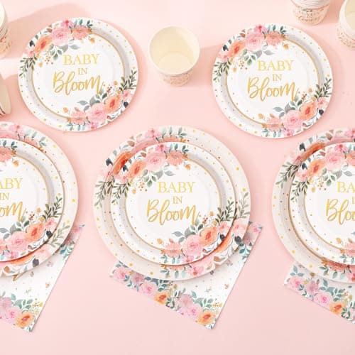 Gudvilla 169 Pcs Baby in Bloom Baby Shower Decorations for Girl , Its a Girl Baby Shower Plates and Cups and Napkins Sets, Pink Floral Plates Serves 24, Spring Summer - Thumbnail 5