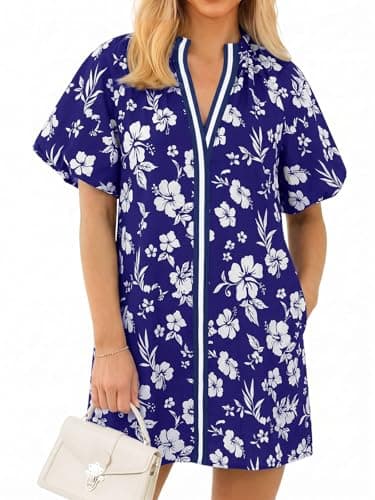 Wenrine Womens Summer Dresses Casual Floral Puff Sleeve V Neck Boho Loose Beach Mini Dress with Pockets Navy - Image 1