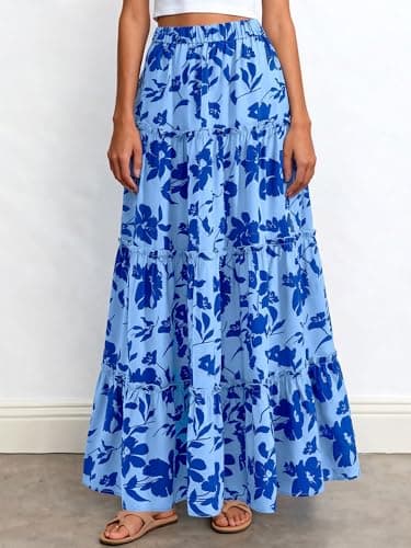 BTFBM Floral Maxi Skirts for Women Summer Spring 2026 Elastic Waist Tiered Flowy Beach Vacation Boho Midi Long Skirt(Floral Blue, X-Large) - Thumbnail 5