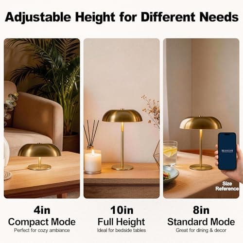 Portable LED Mushroom Table Lamp, Cordless Gold Table Lamp with 3 Color Stepless Dimming, Touch Control, Adjustable Height, Touch Lamp for Nightstand, Bedroom, Coffee Table, Bar, Restaurant, Wedding - Thumbnail 6