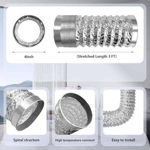 Vaytong Flexible Dryer Vent Hose, 4 Inch 3Ft Extra Thick 6-Layer Heavy Aluminum Dryer Exhaust Duct Hose for Tight Spaces, with 2 Clamps - Thumbnail 5