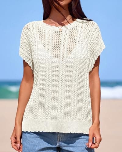 KIRUNDO Crochet Tops for Women Cap Short Sleeve Sweater Vest 2026 Summer Fall Cable Knit Pullover Beach Vacation Outfits(Beige, X-Large) - Thumbnail 5