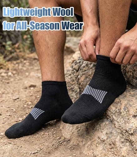 RTZAT 3 Pairs Merino Wool Socks for Men Business Casual Wool Ankle Thin Hiking Running Athletic Compression Thermal Support Warm Breathable Cushioned No-Show Low Cut Sock - black Large - Thumbnail 4