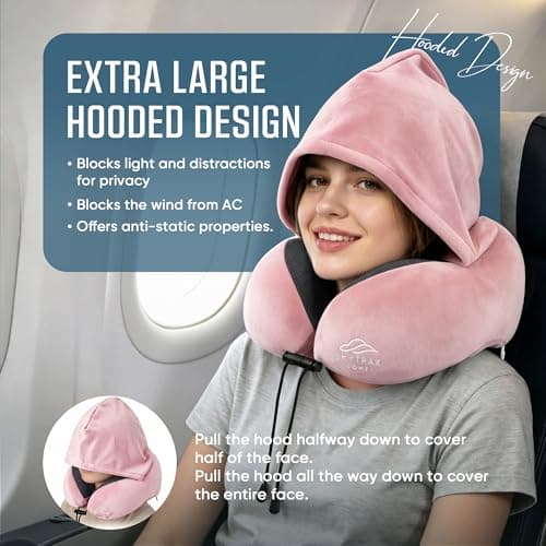 SkytraxComf® Travel Neck Pillow with Hood for Privacy on Long Flights - Thumbnail 2