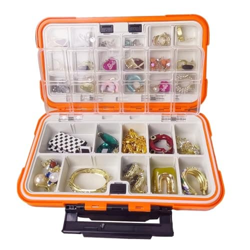 Multi-compartment portable jewelry folding box, for rings, necklaces, hairpins, travel jewelry box case, sewing needles and threads, fishing tackle organization ((Orange (30 spaces))) - Image 1