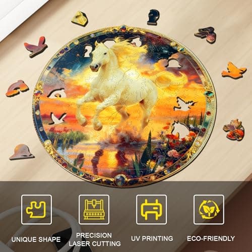 Wooden Puzzle for Adults, Sunset Horse Wooden Jigsaw Puzzle 200 Piece, Unique Shape Wooden Puzzles, Challenging Running White Horse Jigsaw Puzzles for Adults Family Game Night Wall Art Decor 11*11in - Thumbnail 6