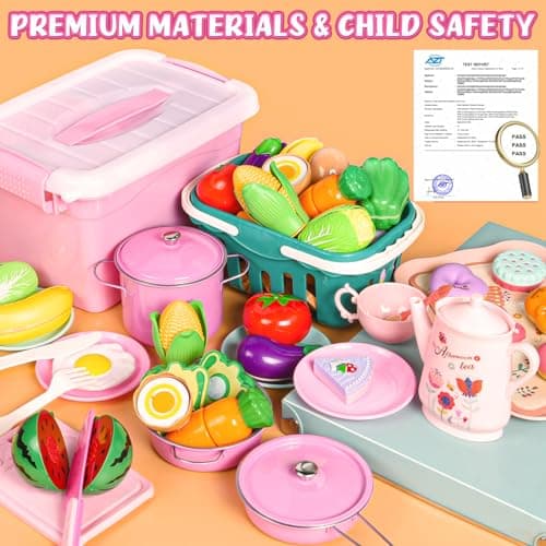 121Pcs Play Kitchen Accessories, Kids Kitchen Playset, Pretend Play Food Tea Party Set, Toy Kitchen Kids Cooking Real with Apron＆Chef Hat, Utensils Cookware Pots＆Pans, Toy Organizer, Toddler Toys Gift - Thumbnail 3