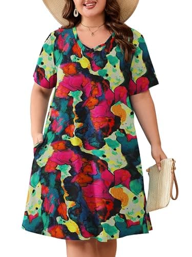 AusLook Plus Size Midi Dress for Women Multicolored 4X Short Sleeve V Neck Criss Cross A Line Summer Casual Vacation Dress T-Shirt 2026 Sundresses with Pockets - Image 1