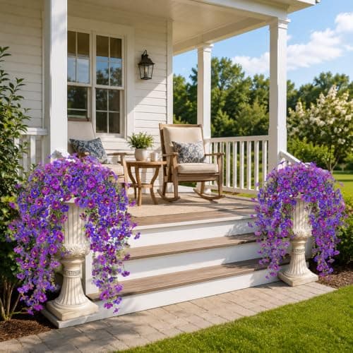 Der Rose Artificial Hanging Flowers for Outdoors UV Resistant Fake Hanging Plants for Spring Decoration, Realistic Silk Flowers with Trailing Vines for Porch Patio Balcony Fence Garden Decor - Thumbnail 6