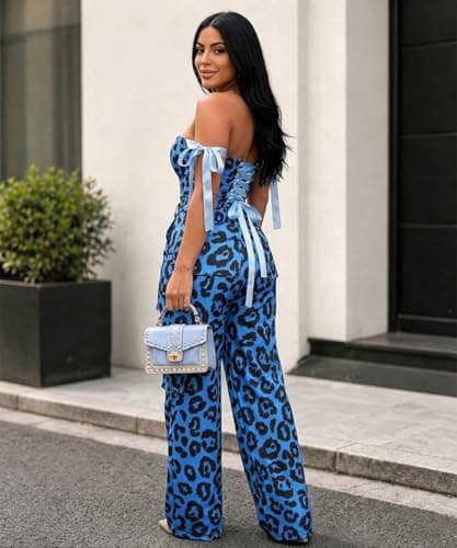 knowfashionstyle Sexy 2 Piece Sets For Women Going Out Sleeveless Croset Top And Wide Leg Pants Set Party Birthday Outfits BlueLeopard S - Thumbnail 4