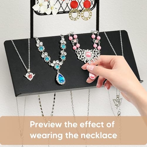 BNING Hanging Jewelry Organizer, Wall Jewelry Organizer with Shelf for Women, Rustic Wooden Necklace Holder Wall Mounted, Earring Holder Organizer Display for Earrings Bracelets Necklaces - Thumbnail 4
