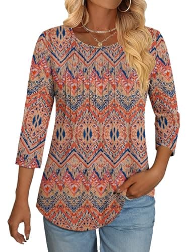 NORACORA 3/4 Length Sleeve Womens Tops Crew Neck Loose Fit Shirts Pleated Cute Clothes Dressy Casual 2026 Summer Tunics Boho M - Image 1