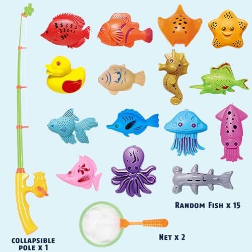 CozyBomB™ Magnetic Fishing Toys Game Set for Kids | Water Table Bathtub Kiddie Pool Party Pole Rod Net, Outdoor Plastic Floating Fish, Toddler Bath Color Ocean Sea Animals Birthday Gift Age 3-5 6 4-8 - Thumbnail 2