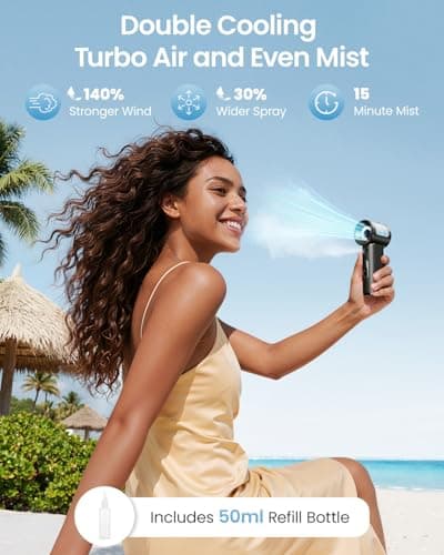 SWEETFULL Handheld Misting Fan Portable - 5000mAh Rechargeable Battery, Powerful Turbo Personal Mister Fans, 5 Speed, Mini Water Spray Mist Hand Fan for Travel, Outdoors, Beach Vacation (Black) - Thumbnail 2