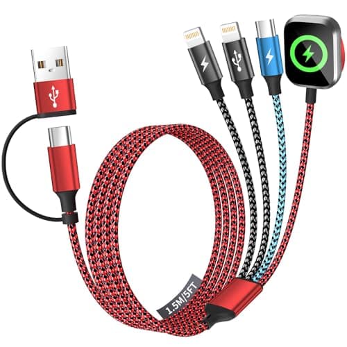 Travel Essentials 4in2 Multi Charging Cable for iPhone Watch Charger,USB A/C to Dual IP/Type C/iWatch Charger,Travel Chargers for Multiple Device Compatible with iWatch Series&iPhone 17-12/Android 5FT - Image 1