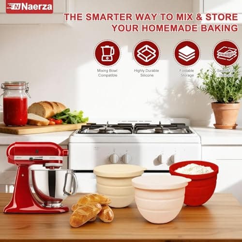 Naerza Silicone Bowl Insert for Kitchen Aid 5 Qt Tilt-Head - Patented Design Bowl Liner, 3pack with Lids, Resistant to collapse Thicker Bowl Insert, Foldable, Heat/Cold Resistant (Beige) - Thumbnail 6