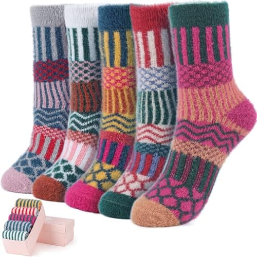 ICEIVY 5 Pair Fuzzy Cozy Fluffy Socks for Women, Warm Comfy Soft Casual Home Sleep Winter Wool Socks, Gifts for Women - Image 1