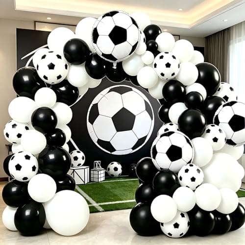 Soccer Balloon Garland Arch Kit, 18 12 10 5 Inch Black White Football Print Balloons with Soccer Foil Balloons for Soccer Sports Theme Birthday Party Decorations - Thumbnail 4