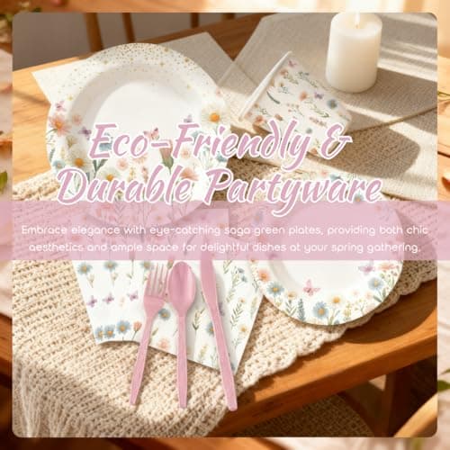 270PCS Wildflower Party Supplies Serve 30, Glazeal Paper Plates and Napkins Set with Plastic Disposable Tableware for Baby Shower, Bridal Shower, Wedding, Birthday, Tea Party Decorations - Thumbnail 5