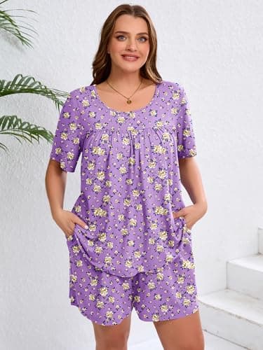 AusLook Women's Plus Size Pajama Sets Short Sleeve Top and Shorts Purple Chrysanthemum 2X Casual Comfy Soft Ladies Short Pajamas Set Loungwear Sleepwear Pjs Set 2 Piece Lounge Set with Pockets - Thumbnail 4