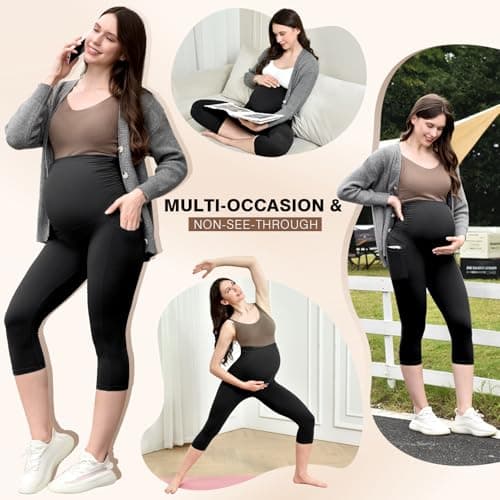 Ipletix Maternity Capris Leggings with Pockets Over The Belly, Yoga Workout Pants for Pregnancy & Postpartum Black M - Thumbnail 5