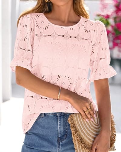 KIRUNDO Lace Tops for Women Blouses Dressy Casual Boho Eyelet Puff Short Sleeve Shirts Spring Summer Clothes Vacation Outfits(Pink, Medium) - Thumbnail 5