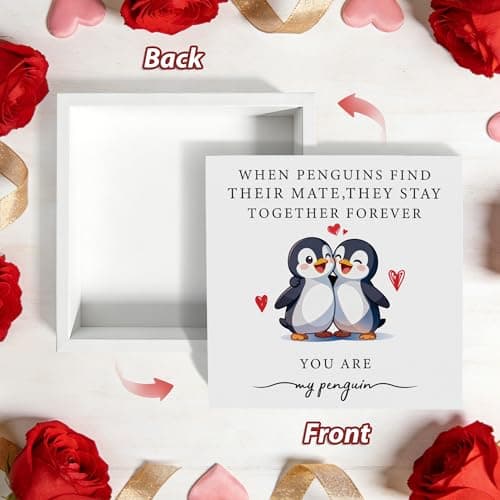 Penguin Love Wooden Box Sign - 5x5 Inch "When Penguins Find Their Mate, They Stay Together Forever" Cute Animal Sign, Valentine's Gifts for Couples, Anniversary, Wedding, Unique Romantic Decor - Thumbnail 2