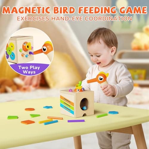 5-in-1 Wooden Activity Cube, Toddlers Montessori Toys for Baby Boys Girls, Baby Activity Center for 2+ Year Old, Woodpecker Worm Toy Magnetic Bird Feeding Game, Educational Color & Shape Sorting Toy - Thumbnail 3