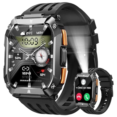 Smart Watches for Men, 1.95'' Fitness Watch: Waterproof Military Smart Watch with 100 Days Battery Life/Call/Flashlight/Sleep/SpO2/Heart Rate Monitor/Step Tracker, Sport Smartwatch for Android iPhone