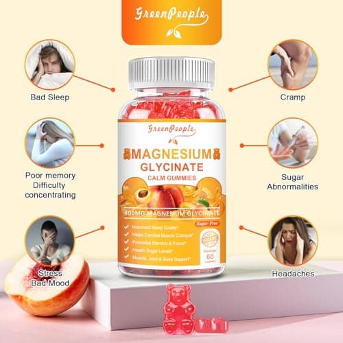 GREENPEOPLE Magnesium Glycinate Gummies with Citrate 1000mg, Taurate & Matale - Sugar Free - Magnesium Potassium Supplement with Vitamin D, K2 for Calm Mood & Zzz Support - 60 Peach Gummies - Thumbnail 3