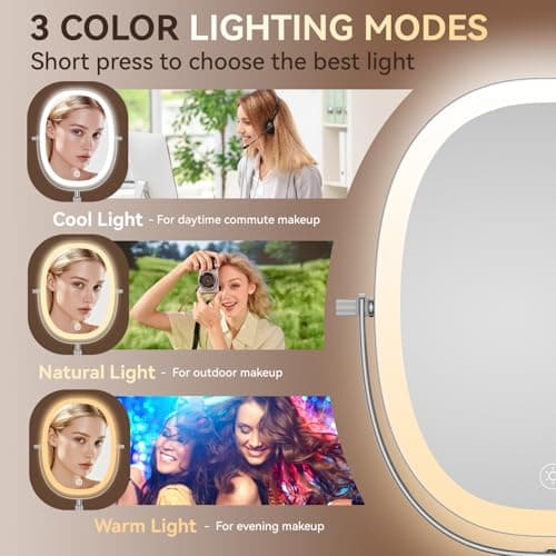 DeLanges 9″ Makeup Mirror with Lights, 7X Magnification, Height Adjustable Vanity Mirror, Rechargeable 3 Color Lighting Mode, 360° Swivel Double Sided Magnifying Mirror, Chrome, Gift for Women - Thumbnail 4