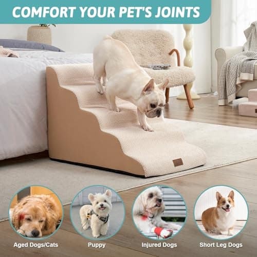 Extra Wide Dog Stairs 19.7" Width, Pet Step for Small Medium/Large Dog, Puppy or Cat, Pet Ramp for High Bed or Car, High Density Foam Ladder, Stable, 5 Step, 19.7x33x22.4 in, Beige - Thumbnail 3