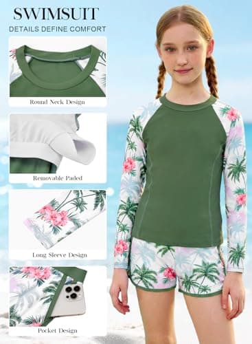 Alakuoti Girls Rash Guard Swimsuit Two Piece Bathing Suit UPF 50+ Sun Protection Long Sleeve Swimwear Size 12 Green Coconut Tree - Thumbnail 3