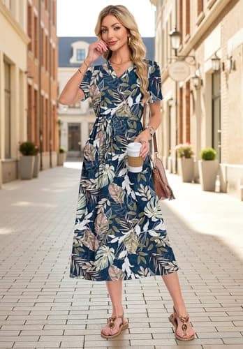 MOLERANI Women Summer Maxi Dress Casual Drawstring Long Dresses V Neck Dresses for Women 2026 Elegant Classy with Pockets, Tropical Leaf, S - Thumbnail 4