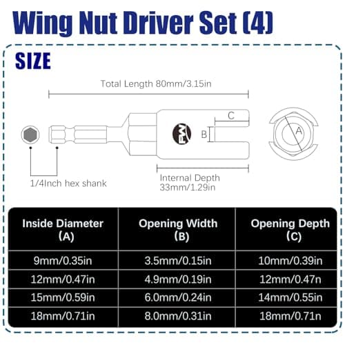 Facoow Wing Nut Driver Set 4PCS, Power Wing Nut Driver Bit 9mm, 12mm, 15mm, 18mm,1/4" Hex Shank Wing Nut Socket for Wing Nuts, CR-V Steel Wing Nut Setters for Eye Bolt, Hook Bolt, Wire Twisting - Thumbnail 3