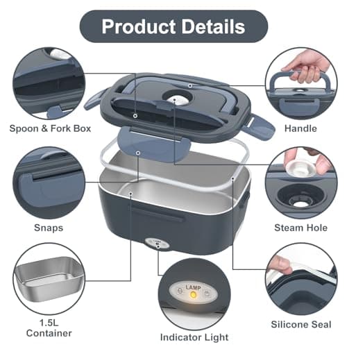 Vabaso Electric Lunch Box Food Heater, Electric Heating Lunch Boxes Lunch for Adults/Men/Car/Truck/Work, 1.5L Removable 304 Stainless Steel Container, 80W, 110V/12V/24V, with Fork & Spoon - Thumbnail 4