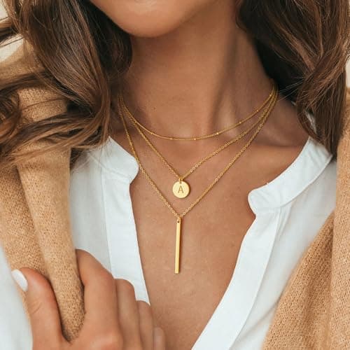 Vjoypro Layered Initial Necklaces for Women, 14K-Gold-Plated Initial V Letter Coin Pendnat Y-Necklaces Layering Long Necklace Dainty Bar Necklace Jewelry Gifts for Women - Thumbnail 2