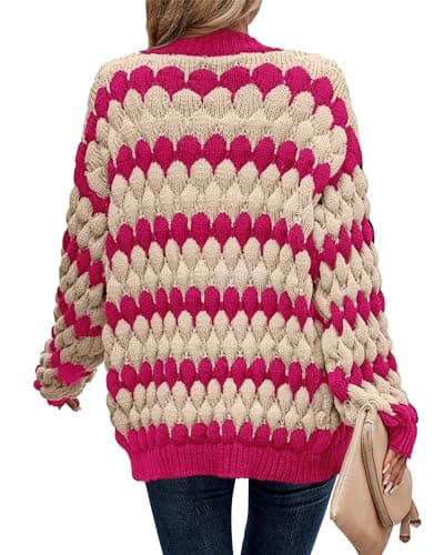 KIRUNDO Womens Cardigans Cute Color Block Stripe Long Sleeve Cardigan Sweaters Crochet Chunky Knit Sweater Outwear Trending Clothes for Women 2026 Hot Pink Outfits(Rose Red, X-Large) - Thumbnail 2