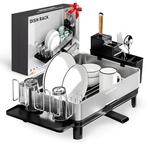 Ewaiira Dish Drying Rack, 304 Stainless Steel Dish Racks for Kitchen Counter, Dish Drainers with Automatic Drainage, Utensil Holder & Cups Holder, Space Saving Kitchen Organizer, Black 16.5''x12.6''