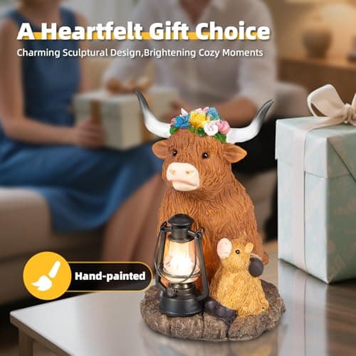 Highland Cow Solar Lights, Solar Powered Statues for Garden,Outside Decor with Latern for Yard Birthday Easter Gifts for Grandma Mom Women Funny Decorations for Yard and Patio Gifts - Thumbnail 4