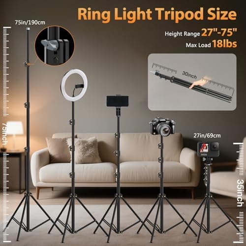 22'' Ring Light with 75'' Tripod Stand, LED Display/2 USB Ports/6500K Dimmable Ring Light for ipad Phone Holder for Tattoo Lash Live Makeup Video Recording TikTok Barber Stylist Photography - Thumbnail 5
