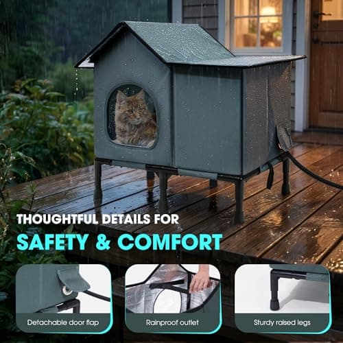 Weatherproof Heated Cat House for Outside with Heating Pad, Elevated Feet Outdoor Cat House, Expanded Canopy Warm Cats Shelter, Heating Pet Beds for Feral or Stray Cats in Winter (Warm Grey, Heated) - Thumbnail 5