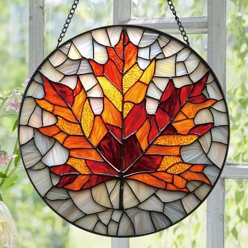 Zizzie Stained Glass Maple Leaf Suncatcher - 7.9" Real Glass Fall Autumn Window Hanging, Weatherproof Rustic Thanksgiving Decor, Seasonal Nature Gift for Women Mom - Thumbnail 2