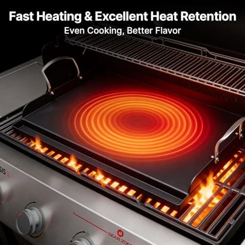 BLUES GRILL PARTS 25" x 16" Pre-Seasoned Nonstick Thickened Cast Iron Griddle - Universal Flat Top with Grease Groove, Reinforced Ridges & High Sidewalls for Gas/Charcoal Grills, Fits Weber, Charbroil - Thumbnail 6