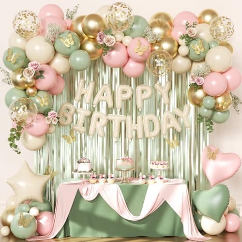 Pink and Sage Green Birthday Decorations, Pink Green Sand White Metallic Gold Foil Confetti Balloons Happy Birthday Banner Gold Butterfly Fringe Curtains Birthday Decorations for Women Girls Teens - Image 1