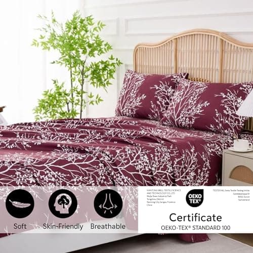 Spirit Linen home Queen Size Bed Sheets - Pure Microfiber 4 Piece Polyester Bed Sheets, Fitted Sheet & Pillow Cases - Queen Sheets for All Seasons (Foliage Burgundy/White, Queen) - Thumbnail 4