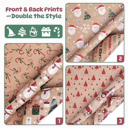 Homelyhi Christmas Wrapping Paper Rolls, 3 Rolls Recyclable Kraft Holiday Xmas Gift Wrap Reversible Prints with 6 Patterns, Santa, Rustic Red Trucks, Tree, Snowflake, Candy Cane, 17 Inch x 9.8 Feet - Thumbnail 4